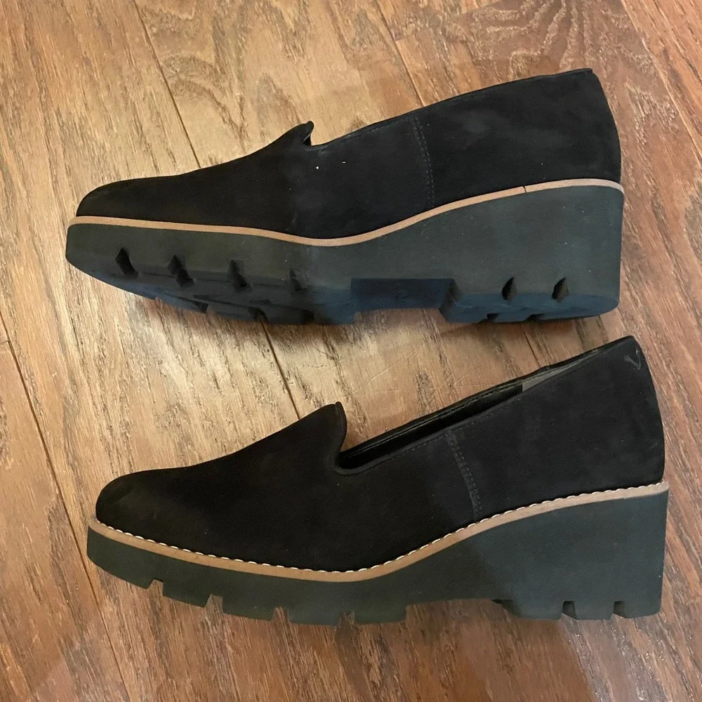 Vionic Willa Wedge Loafers Womens Black Suede Platform Lug Sole Shoes Size 8